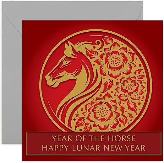 Stylish Happy Lunar New Year Card for Family and Friends - Year of The Horse Happy New Year Gift - Chinese Zodiac Animal Greeting Card - Gold Foil Red 2026