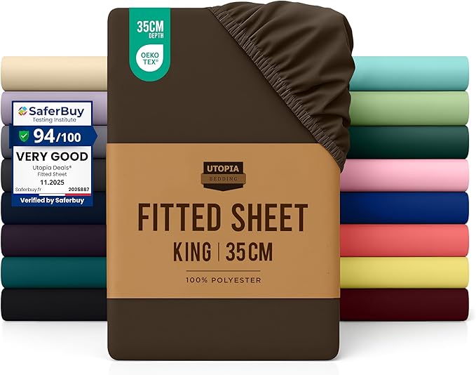 Utopia Bedding Fitted Sheet King, Brown - Deep Pocket 14 inch (35 cm) - Easy Care - OEKO-TEX Certified - Soft Brushed Microfibre Fabric - Shrinkage and Fade Resistant - Bottom Sheet
