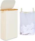 Laundry Baskets 60L, Tall Washing Baskets for Laundry with Removable and Washable Inner Bag, Slim Thin Laundry Basket with Lid and Bamboo Handle for Laundry Room Bedroom Bathroom (Beige)