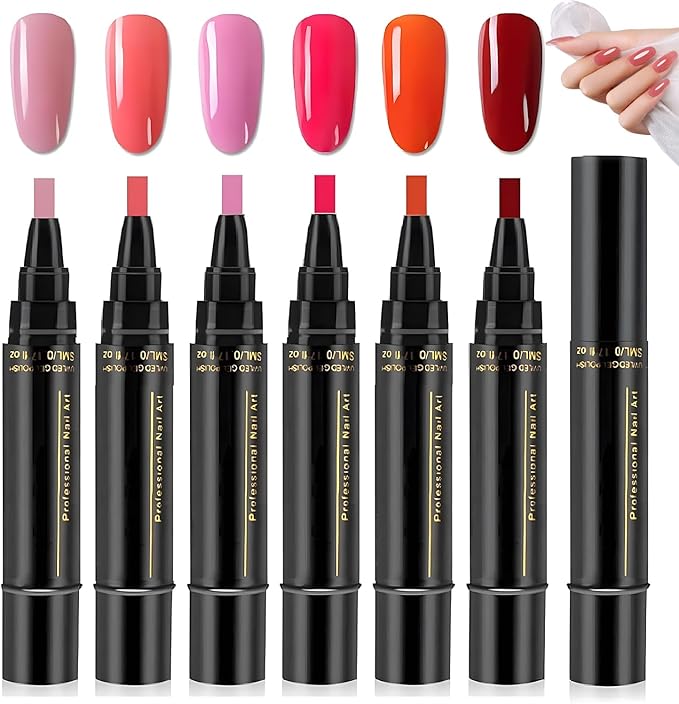 Nail Polish Pens 6Pcs, Nail Varnish Pens 3 In 1 Gel Nails Polish Pen Set, One Step DIY Nails Varnish Pen, Quick-Dry Soak-Off Nail Art Pens, No Base Coat Needed, DIY Manicure for Girls and Ladies