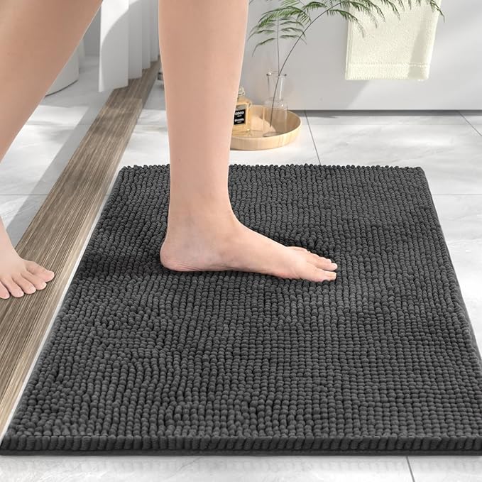 HITSLAM Chenille Bath Mat Non Slip Anti Mould, 60x40cm Ultra Soft Bathroom Mat, Super Absorbent Bath Mats for Bathroom, Machine-Washable Quick Dry Bath Foot Mat, Bath Rug for Shower and Tub, Charcoal