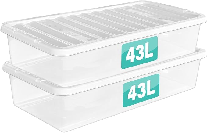 2 x 43 Litre Underbed Clear Plastic Storage Boxes With Lids Set of 2, Transparent Multipurpose Nestable Stackable Plastic Box With Lid Containers For Home, Kitchen, Garage, Office, Accessories