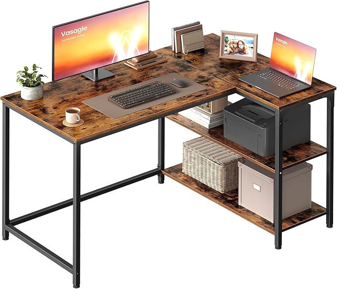 VASAGLE L Shaped Corner Desk, Computer Gaming Desk with Storage, Reversible Height-Adjustable Shelves, for Home Office, 110 x 80 cm, Rustic Brown LWD135KD01