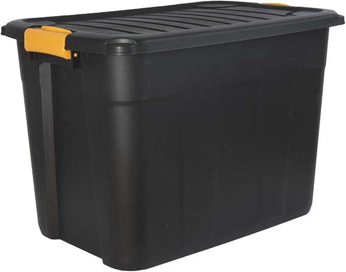 DANIEL JAMES Housewares Heavy Duty Storage Box with Lid - Large Plastic Stackable Storage Boxes with Clip Handles - Lockable BPA Free Indoor Outdoor Garage Storage Trunk Box - Black, 42l
