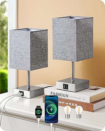 EDISHINE Bedside Lamps Set of 2, 3 Way Dimmable Table Lamp with USB A+C Charging Ports, Touch Lamps for Bedroom, Living Room, Grey (LED Bulbs Included)