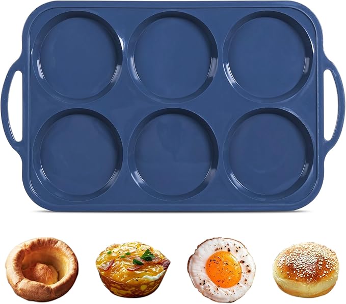 10cm Giant Silicone Yorkshire Pudding Tray with Metal Handles,6 Cup Non Stick Jumbo Silicon Yorkshire Pudding Tin,Large Muffin Top Moulds for Baking Pan,Oven,Egg Bites,Whoopie Pie,Tart, Grey