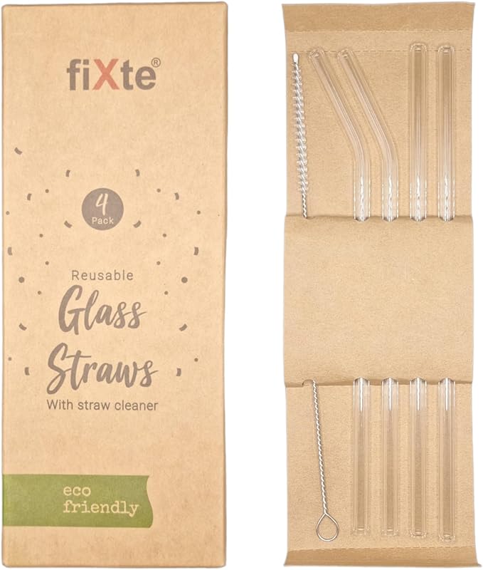Reusable Glass Drinking Straws with Cleaning Brush Eco Friendly Party Summer Use Birthday Smoothie Milk Shake Clear Water Juice Straw Hot and Cold Drinks (Pack of 4)