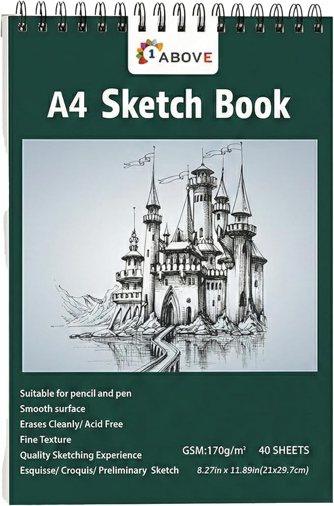 1ABOVE Artists pad, Spiral Bound Sketch Pad Sketch Paper for Artists. Ideal for The Studio, School Or at Home - 170gsm Cartridge Paper (A4)