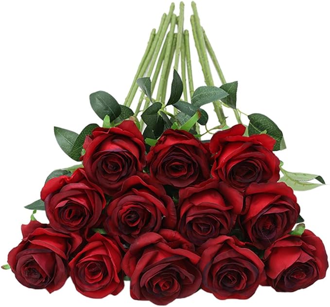 Tifuly 12 PCS Artificial Roses, 19.68'' Single Long Stem Fake Rose Silk Bridal Wedding Bouquet Realistic Flower for Home Garden Party Hotel Office Decor(Blossom Roses,Burgundy)