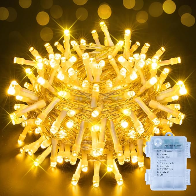 Ollny Fairy Lights Battery Operated, 10m 100 LEDs Bright Battery Powered String Lights, Warm White Outside Christmas Lights Waterproof with 8 Modes/Timer for Indoor Outdoor Bedroom Garden Decorations[Energy Class F]