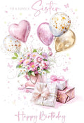 Cherry Orchard Sister Birthday Card - Pretty Birthday Presents & Balloons design from Beautiful Foil Finish