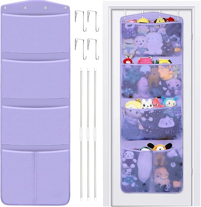 Stuffed Animal Storage, with 3 Large Pockets and 2 Medium Pockets, Over The Door Organizer Storage for Closet, Baby, Plush Toy, Hanging Door Organizer for Nursery, Bedroom, Bathroom, Kids Room(Purple)