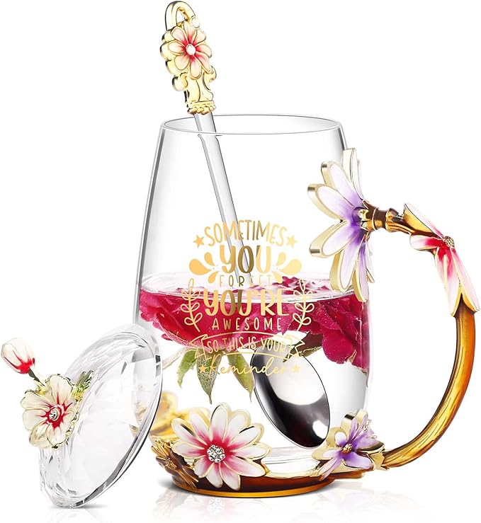 Luka Tech Flower Glass Mug Tea Cup Unique Gift Idea for Birthday Mothers Day Christmas, Sometimes You Forget That You are Awesome Inspirational Thank You Gifts for Women, Coworker, Friends,Female