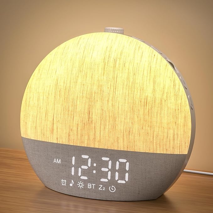 LIORQUE Sunrise Alarm Clock Wake Up Light with 30 Soothing Sounds &10 Wake Up Tones, Bedside Digital Alarm Clocks Mains Powered, Night Light for Kids Adults, White Noise Machine for Sleeping[Energy Class G]