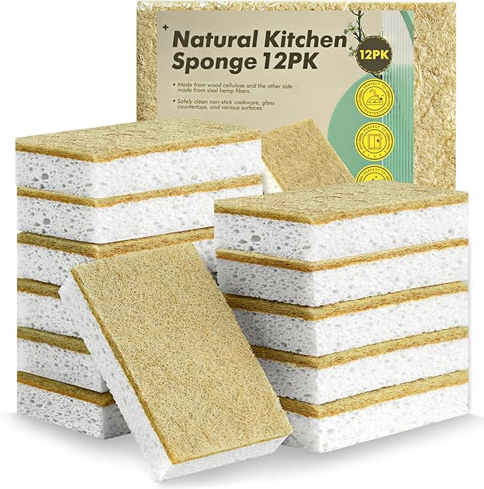 Eco Washing Up Sponges 12 Pack - Natural Cellulose & Sisal Non Scratch Heavy Duty Kitchen Dish Sponges, Biodegradable Compostable Cleaning Sponge Scourers for Household, Kitchen Cookware
