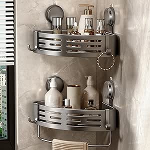 Voldra Corner Shower Caddy Suction Cup, Shower Shelf Coner No Drilling Bathroom Coner Shelves Suction Shower Organiser Rack Adhesive Corner Caddy with Towel Bar Wall Mounted(2-Pack, Grey)