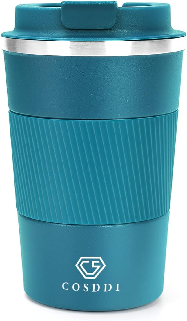 CS COSDDI Travel Mugs, Insulated Coffee Cup with Leakproof Lid - Reusable Coffee Cups Travel - Car Coffee Cup - Stainless Steel Travel Mug for Hot and Cold Coffee Water and Tea (Blue-A, 380 ml)