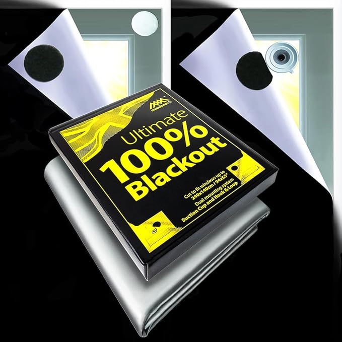 Ultimate 100% Blackout Blind | Fits Any Size/Shape Window | Unique Cutting Guide Easier Cut-to-Size | Super Strong Suction Cups | Heat & Cold Resistant Hook & Loop | No Drill Stick On