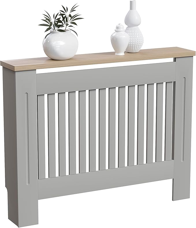 Vida Designs Arlington Radiator Cover Olive Grey - Medium - Modern Shaker Style Vertical Slat Design For Optimal Heat Circulation - H83.3xW111xD19cm - Painted MDF Cabinet with Wood Top Shelf