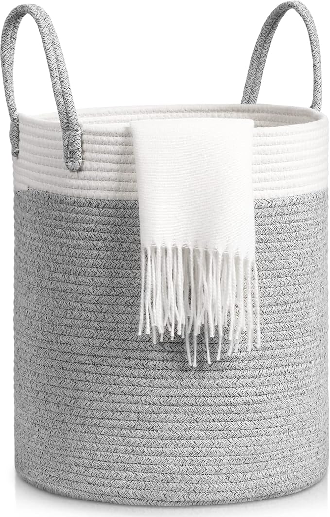 Laundry Basket, Toy Storage Basket for Kids Baby, Large Foldable Woven Storage Baskets Cotton Rope Blanket Baskets with Handle,Organiser Nursery Decor Laundry Hamper, Grey+White (35x40cm)