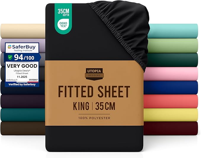 Utopia Bedding Fitted Sheet King, Black - Deep Pocket 14 inch (35 cm) - Easy Care - OEKO-TEX Certified - Soft Brushed Polyester Microfibre Fabric - Shrinkage and Fade Resistant - Bottom Sheet