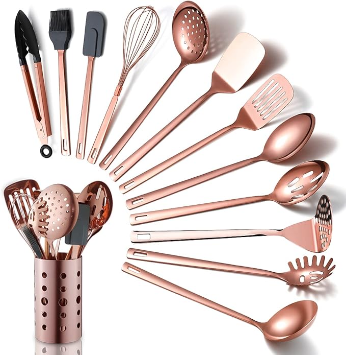 Copper Kitchen Utensils Set,13 Pieces Stainless Steel Cooking Utensils Set With Titanium Rose Gold Plating,Kitchen Tools Set With Utensil Holder For Non-Stick Cookware Dishwasher Safe (13 Packs)