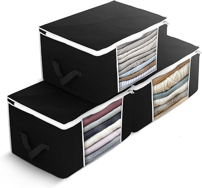 Delka 90L Storage Bags with Lids, Large Storage Boxes with lids, Storage Unit for Clothes, Duvets, Blankets, Toys, Pack of 3 Foldable Organizers with Reinforced Handles and Clear Window - Black