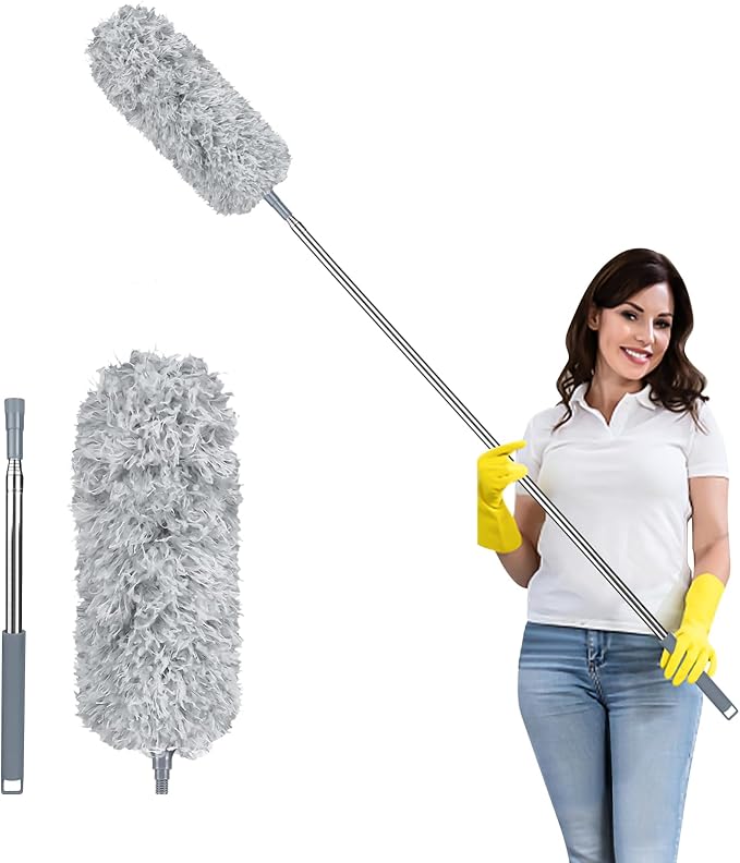 2026 Upgraded Extendable Feather Duster with Soft Silicone Cap, Telescopic Long Handled Microfiber Dusters for Cleaning, Cobweb High Ceiling Fan Roof Blinds Cars, Washable & Bendable