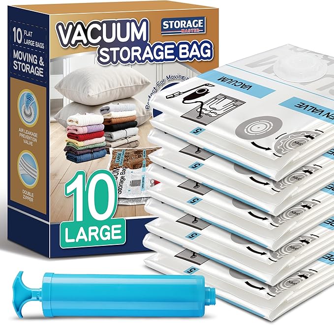 Storage Master Space Saver Bags for Travel and Home Reusable Vacuum Storage Bags Save 80% More Storage Space Work with Vacuum Cleaner (10 Large with Hand Pump)