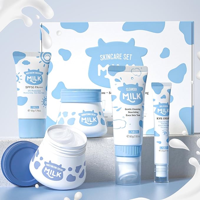 LAIKOU Skincare Set, Milk Beauty Gift Sets for Teenage Girls with Cleanser, Day Cream, Night Cream, Eye Cream, Sunscreen, Facial Kits for Women Wife Mom, Deep Hydrating Smoothing 5pcs