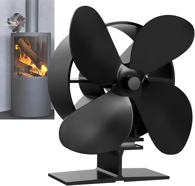 Wood Stove Fan 4 Blades Silent Operation Wood/Log Burner/Fireplace- Color Black