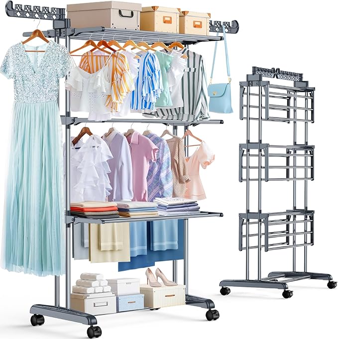 Thicken & Durable Clothes Airer, Extra Large 4-Tier Capacity Foldable Clothes Drying Rack with Wheels, Stainless Steel Clothes Horse for Indoor/Outdoor Use in Bedroom, Laundry 50D x 76W x 172H