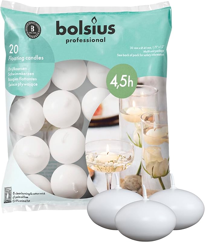 Bolsius Floating Candle - White - Bag of 20 - Long Burning Time of 4 Hours - Clean Burn - Interior Decoration - Vegan Wax - 3 x 4.5 cm