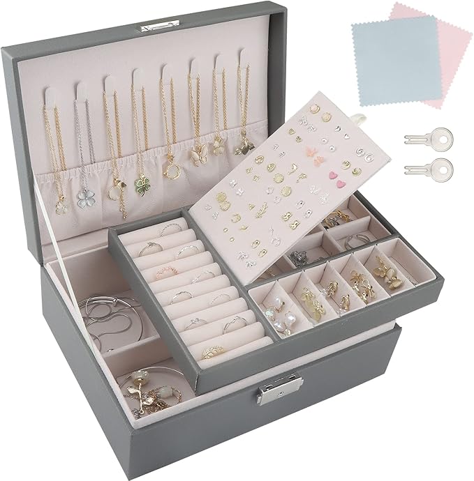 Jewellery Box,2 Layer Jewelry Organizer with 2 Keys and Cleaning Cloth PU Leather Jewellery Box Organizer,for Necklace Earrings Bracelet Ring Accessories,Jewellery Boxes for Women Girls