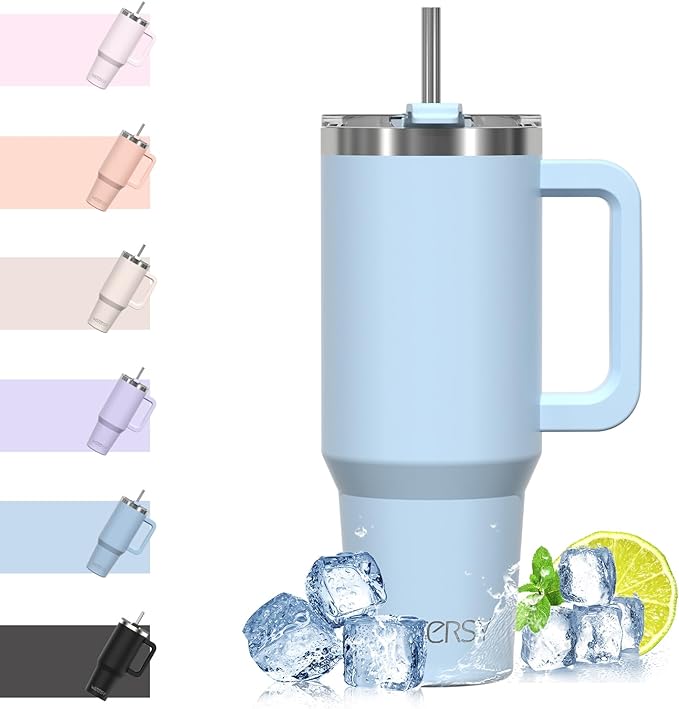 WATERSY Travel Mug Coffee Cup 40oz Tumbler Straw Lid and Handle, Stainless Steel Double Wall Vacuum Insulated Coffee Water Bottle Thermal for Cold Hot Coffee 1182ml Blue