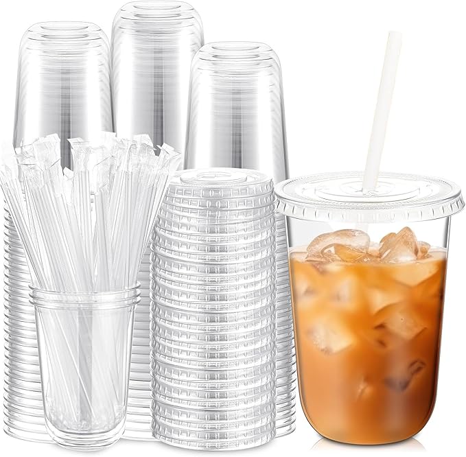 KAHEIGN 50Pcs Clear Plastic Cups with Lids and Paper Straws, 480ml Plastic Coffee Tumbler Reusable Drink Cup Elegant Party Beverage Glasses for Iced Coffee Smoothie Milkshake Cold Drink Party Catering