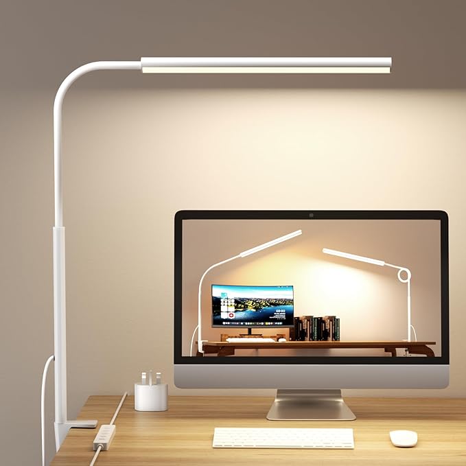 LED Desk Lamp with Clamp - Flexible Gooseneck - 5 Lighting Modes, 11 Brightness Levels, Timer & Memory, Eye-Comfort Study/Nail Light, 12W Adapter Included - White[Energy Class C]