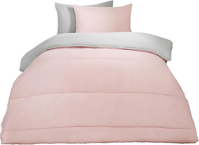 OHS Single Coverless Duvet 10.5 Tog - Reversible Washable Microfibre Quilted Super Soft Warm Comfy Camping Duvet, Pink/Grey