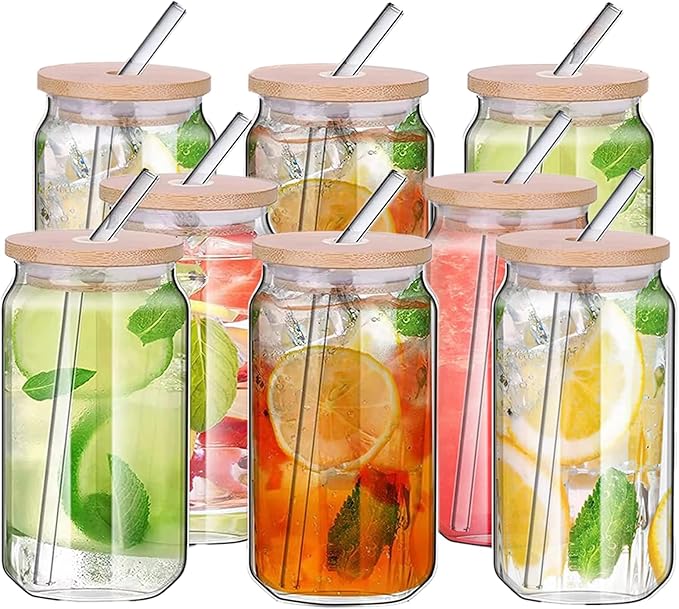 480ml Can Shaped Glass Cups Set, Drinking Glasses with Bamboo Lids and Glass Straw, Beer Glasses, Iced Coffee Glasses, Clear Cute Tumbler Cup, Ideal for Cocktail, Coke, Soda