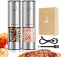 WONMAKE Electric Salt and Pepper Grinder Set, USB Rechargeable Salt and Pepper Grinder Set, Ceramic Grind and Adjustable Coarseness, with LED Light, Stainless Steel