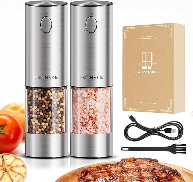 WONMAKE Electric Salt and Pepper Grinder Set, USB Rechargeable Salt and Pepper Grinder Set, Ceramic Grind and Adjustable Coarseness, with LED Light, Stainless Steel