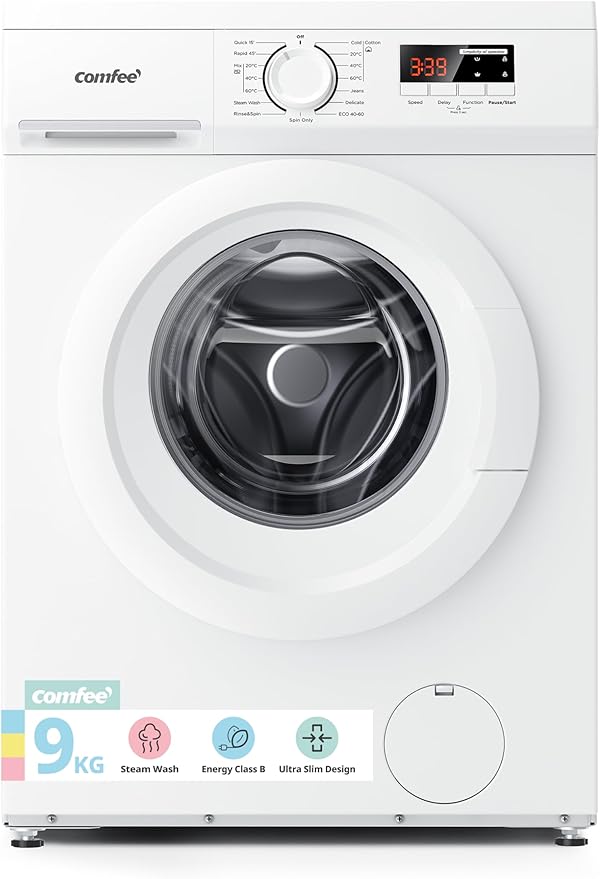 COMFEE' Freestanding Washing Machine,9KG Load,1400RPM,Steam Wash,Quick Wash,BLDC Durable Inverter Motor,White-CFE12EW90/W[Energy Class A]