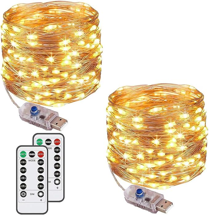 [2 Pack] String Lights 120 LED Lights 40ft 8 Modes USB Plug-in Lights Waterproof for Outdoor/Indoor Copper String Lights with Remote Timer for Bedroom Party Wedding Christmas (Warm White)