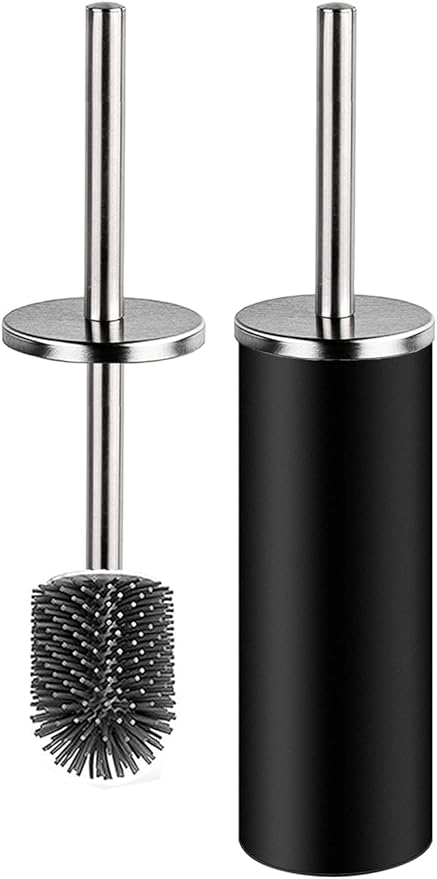 Toilet Brush and Holder,Stainless Steel Lid Handle,Silicone Deep Cleaner Toilet Brushes with Quick Drying Holder Set for Bathroom Toilet(Black)