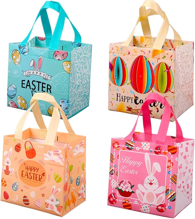 Easter Tote Bags with Handles, Non-Woven Reusable Gift Bag Bunny Easter Egg Hunt Party Treat Bag Waterproof Goodie Bag for Holiday Favors (4 Pack)