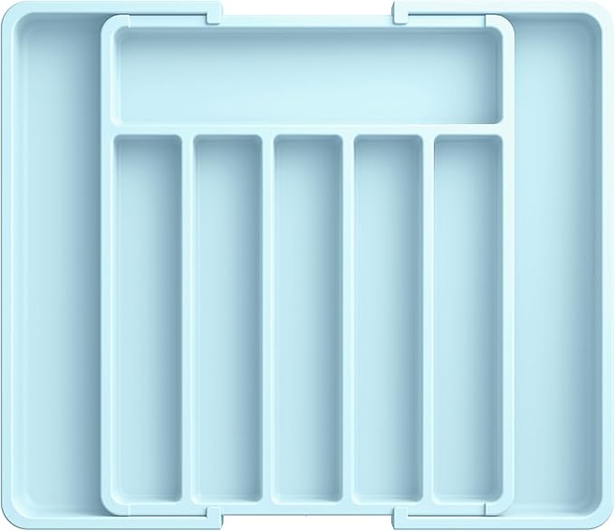 Aujen Cutlery Drawer Organiser - Expandable Kitchen Drawer Storage Organiser, Adjustable Cutlery Tray, Multipurpose Utensil Organisation for Forks, Knives, Blue, 34 x 4 x 26~50 cm