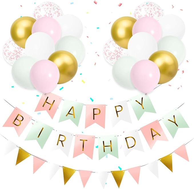 Happy Birthday Banner - Happy Birthday Decorations for Girls, Women with 20 Thick 12 Inch Pastel Party Balloons - Macaron Bunting Banner with Adhesive Wall Hooks, Ribbon