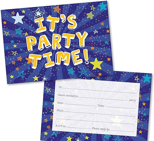 Party Invitations Pack of 36. Blue Starburst Themed Invitation with Matching envelopes. 120 x 172mm. Party Invites, Birthday Party Invitations. Suitable for All Ages.