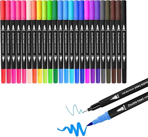 24 Colouring Pens,Felt Tips Pens for Adults Colouring Books-Coloured Dual Tip Brush Pens Markers and Fineliners Art Supplies for Drawing Painting Sketching Highlighting