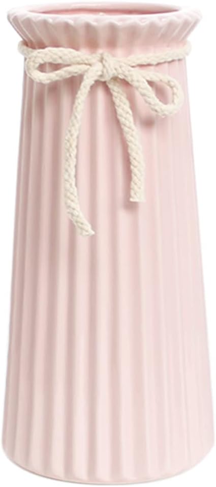 Pink Ceramic Ribbed Vases for Minimalist Modern Home Decor, Decorative Flowers Vase for Wedding Dinner Table Office Bedroom - 8 Inch / 20 CM